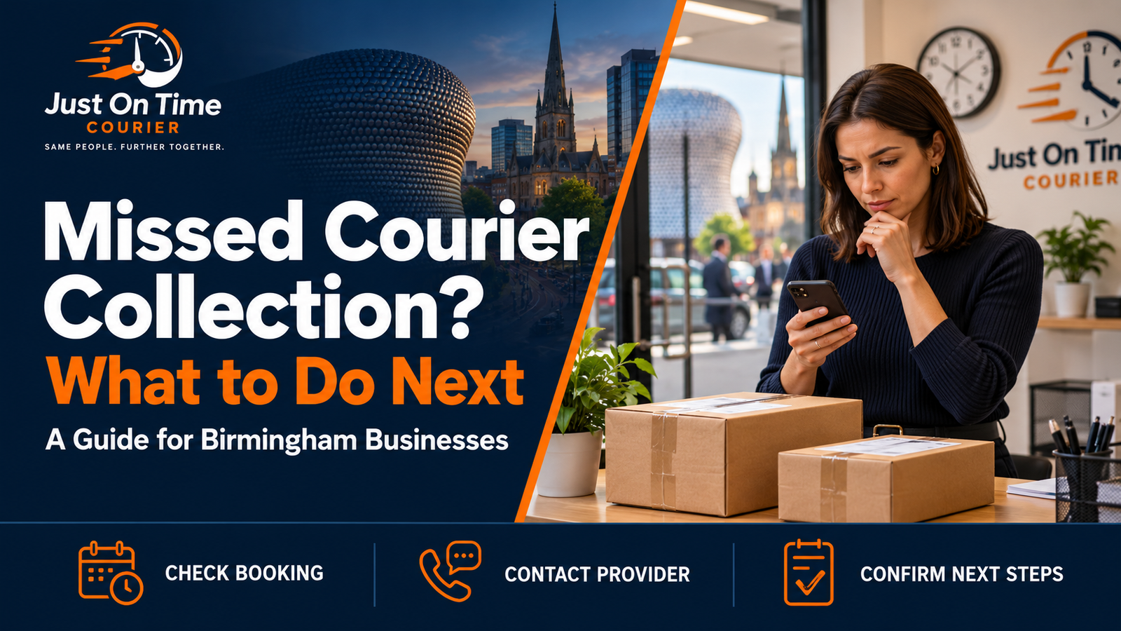 Business worker checking her phone beside parcels awaiting collection, with guidance on what to do after a missed courier pickup.
