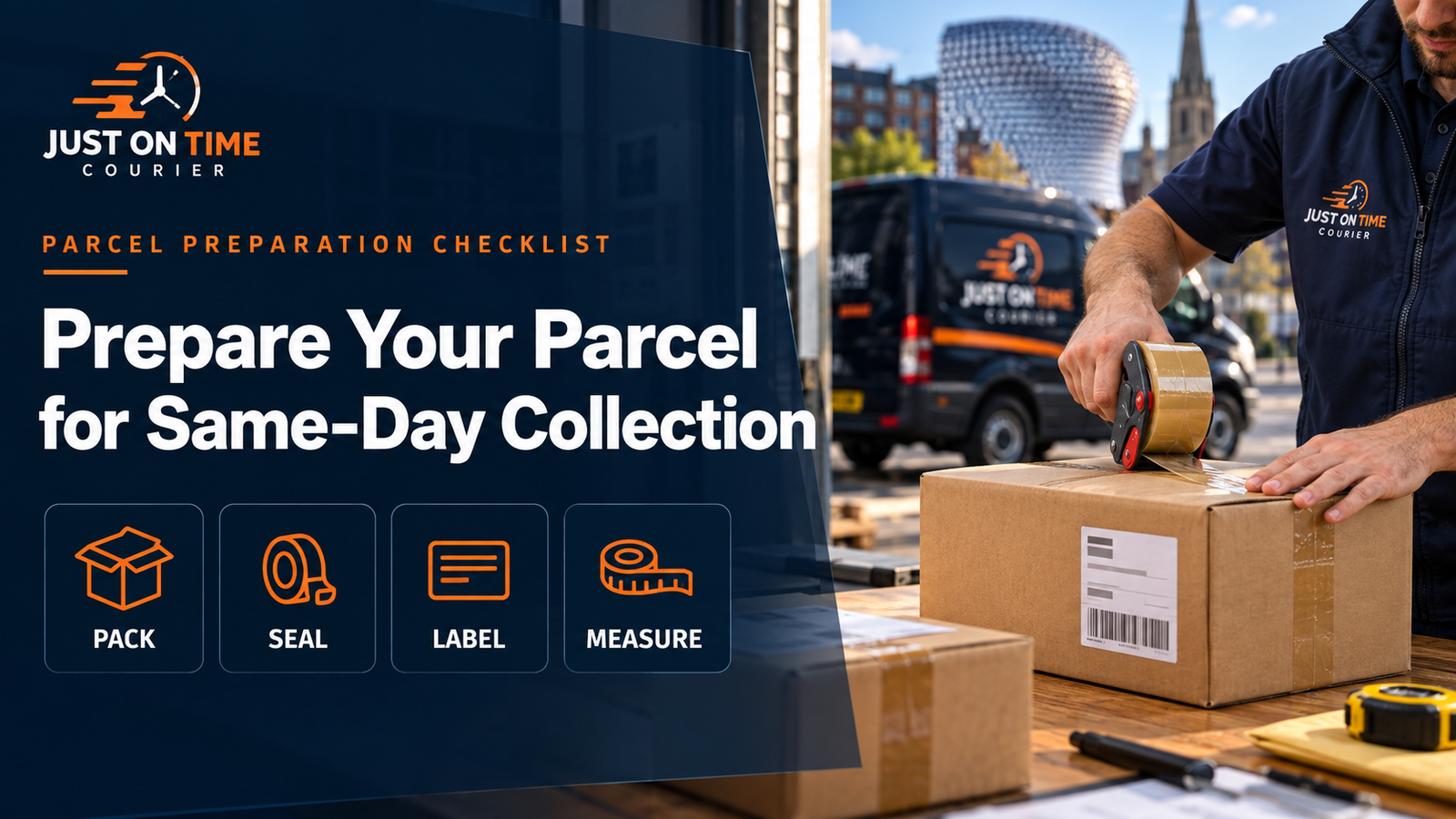 Parcel being sealed for same-day courier collection, with packing, sealing, labelling and measuring checklist.