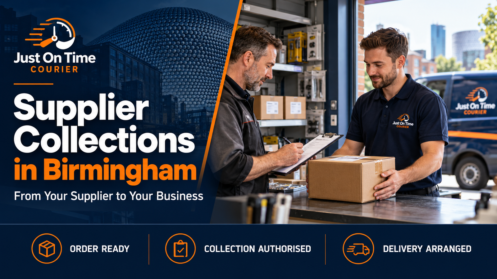 Courier collecting a boxed order from a supplier while staff confirm the collection paperwork.