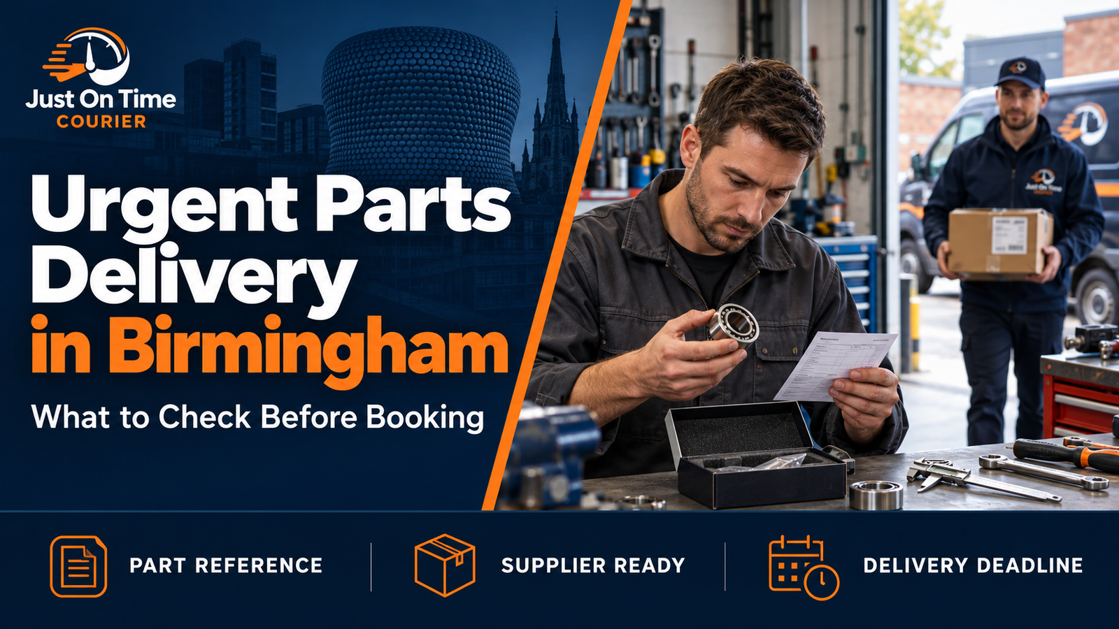 Engineer checking a replacement bearing and paperwork while a courier arrives with a boxed delivery at a workshop.